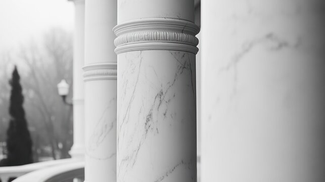 Row of marble columns, gray scale. Trees and a light post are seen in the hazy background
