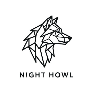 Black geometric wolf head logo in polygonal line art style.