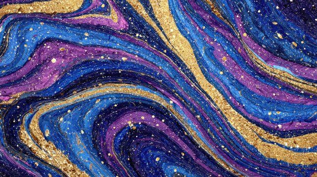 Swirling cosmic colors blend with metallic gold in an abstract fluid art pattern