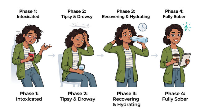 A woman experiences four phases of intoxication and sobering up with effects.