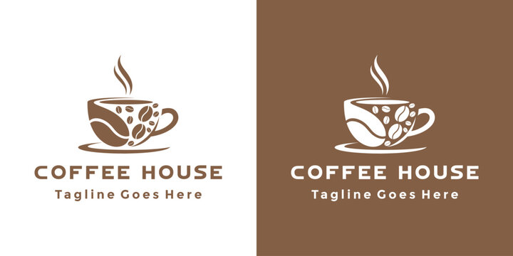 Coffee house logo featuring a steaming cup with beans.