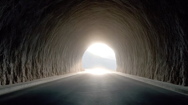 Light streams from the far end of a deeply textured subterranean passage onto the roadway within.