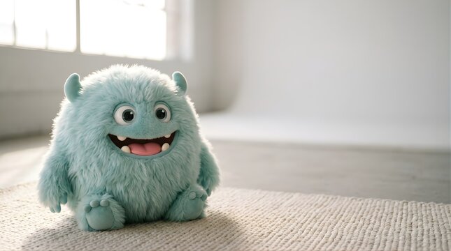Fluffy blue monster sitting on a carpet in a bright minimalist room