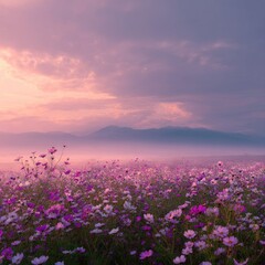 Obraz premium Vast field of vibrant wildflowers stretches toward misty mountains beneath a colorful dawn sky