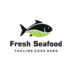 Naklejka premium Fresh seafood fish and green leaf logo design.
