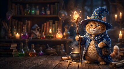 Fototapeta premium Ginger Cat Wizard in a Magical Library with Potion Bottles and Wand