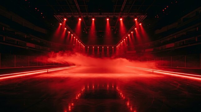Empty ice hockey rink arena illuminated with dramatic red stage lights and fog