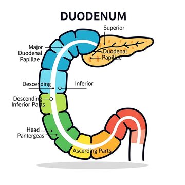 Anatomical diagram of the human duodenum structure.