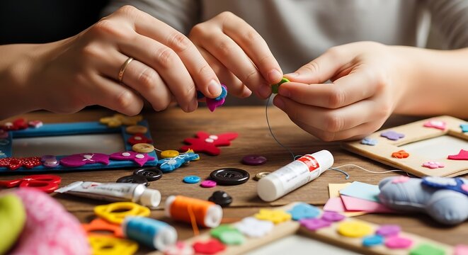 Hands assembling colorful puzzle pieces together.