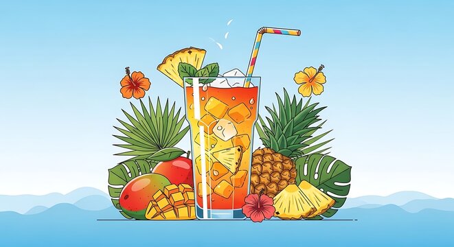 Colorful tropical fruit arrangement with pineapple and mango.