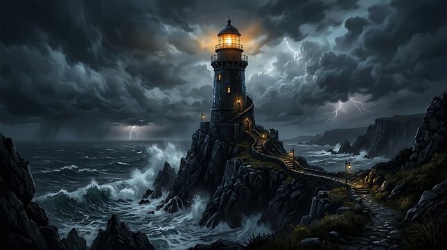 Stone lighthouse stands tall on rocky cliffs during a powerful storm