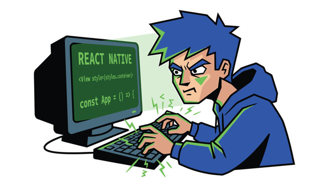Frustrated programmer intensely coding on a computer, focused on React Native development with lines of code displayed on screen.