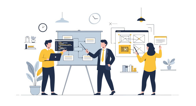 A professional team collaborates on a software development project, discussing flowcharts and user interface designs in a modern workspace.
