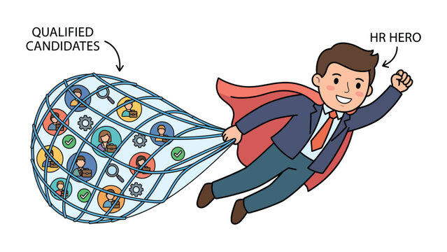 HR hero superhero catching qualified candidates in a net for a successful recruitment process.