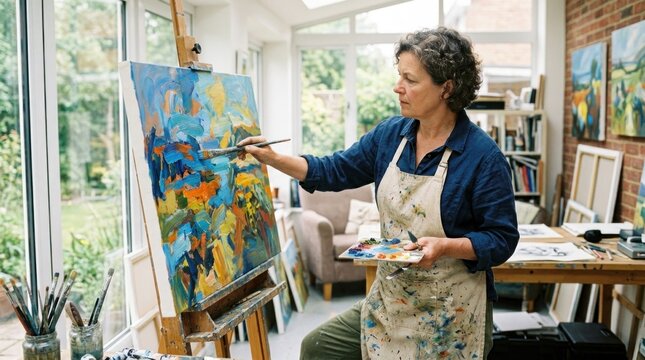A woman in an apron, wearing a blue shirt, is painting an abstract painting in a sunlit room with large windows.