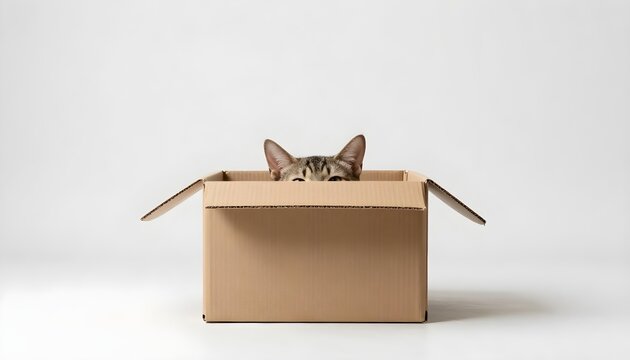 A cat peeks from a cardboard box, embodying the spirit of kitten season and the need for loving forever homes