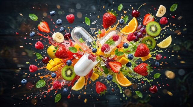 A colorful explosion of fruits and vegetables, including strawberries, blueberries, kiwi, and mango, with a white background and a wooden texture.