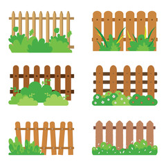 Obraz premium Set of rustic wooden fences with green grass. Flat vector illustration of farm boundaries and garden shrubs on white.