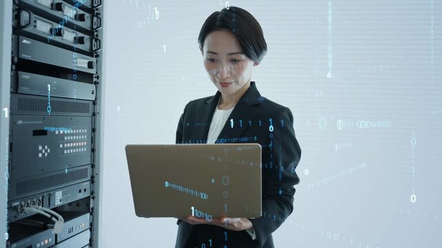 サーバを点検する女性エンジニアとデジタルテクノロジーのコンセプト