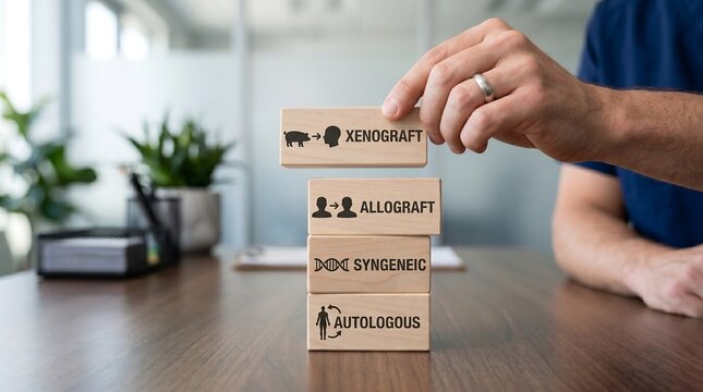 Hand placing a wooden block with xenograft illustration onto a stack representing different types of transplants including allograft syngeneic and autologous procedures