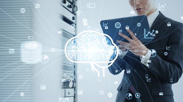 サーバを点検する男性エンジニアとAIネットワークのコンセプト