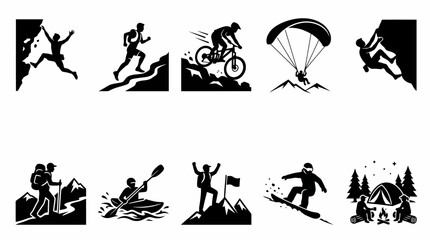 Obraz premium Black silhouette icons of people engaging in various outdoor adventure sports and activities