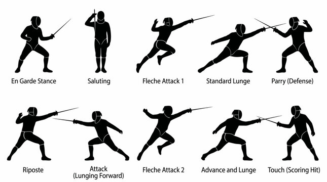 Fencing techniques and positions vector illustration