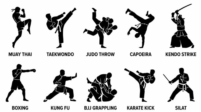 Martial arts vector icons set, various combat sports silhouettes