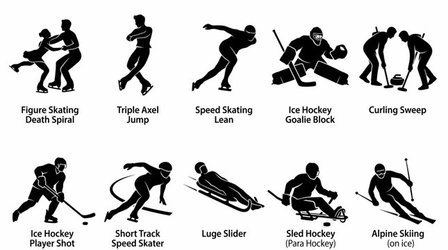 Winter sports icons set, black silhouettes on white background