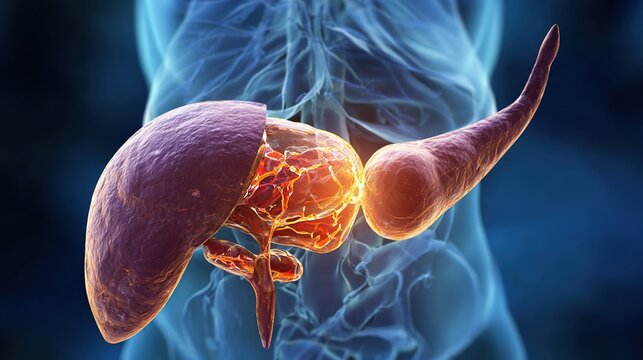Acute and chronic pancreatitis medical illustration showing inflamed pancreas organ, digestive system disorder, abdominal inflammatory disease, human internal organ pathology 