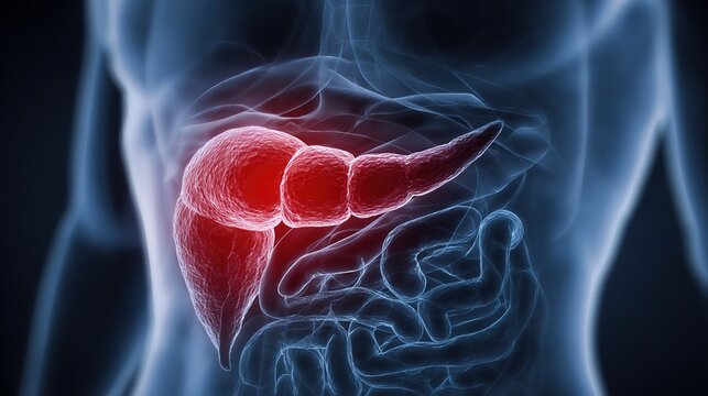 Acute and chronic pancreatitis medical illustration showing inflamed pancreas organ, digestive system disorder, abdominal inflammatory disease, human internal organ pathology 