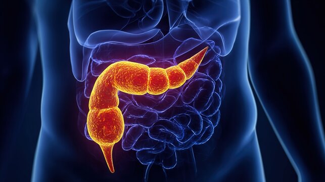 Acute and chronic pancreatitis medical illustration showing inflamed pancreas organ, digestive system disorder, abdominal inflammatory disease, human internal organ pathology 