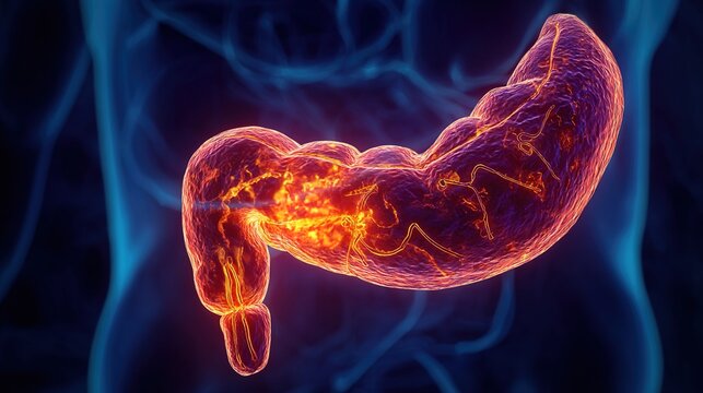 Acute and chronic pancreatitis medical illustration showing inflamed pancreas organ, digestive system disorder, abdominal inflammatory disease, human internal organ pathology 