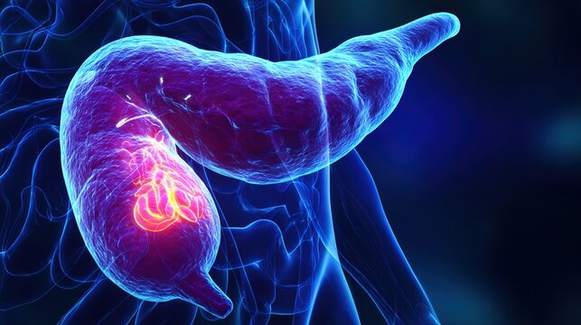 Acute and chronic pancreatitis medical illustration showing inflamed pancreas organ, digestive system disorder, abdominal inflammatory disease, human internal organ pathology 