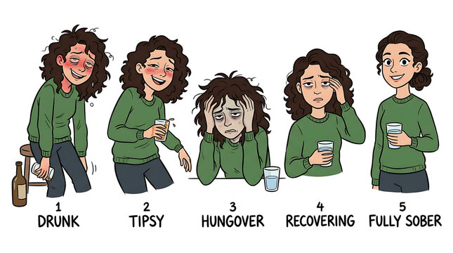 Illustration depicting woman experiencing different levels of intoxication and recovery.