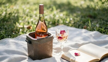 A bottle of wine beside a book on a blanket, capturing the essence of a relaxed morning in a rose filled garden