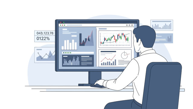 Man analyzing financial data on computer screen, stock market charts and graphs