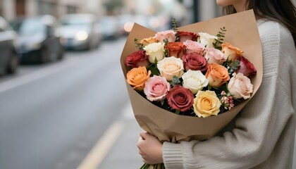 A woman holds a colorful bouquet of roses on a sunlit street, reflecting the beauty of National Rose Month in June
