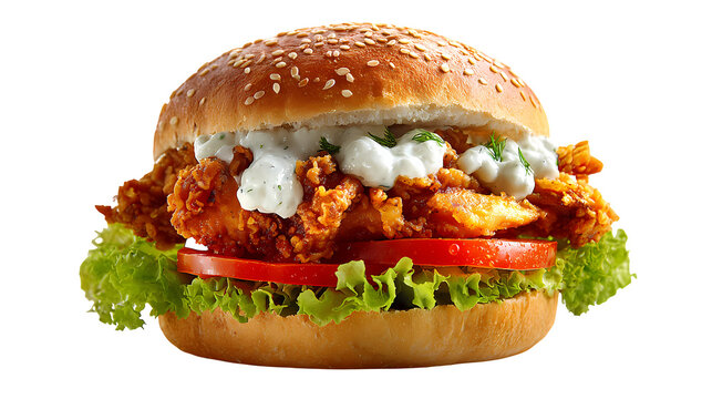 Juicy chicken burger with lettuce tomato and creamy sauce on sesame seed bun.