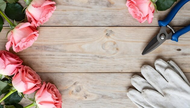 A serene wooden table with roses and gloves, capturing the spirit of June blooms and the therapeutic joy of gardening