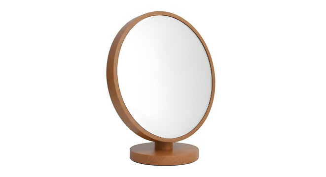 Round wooden framed mirror on pedestal base.