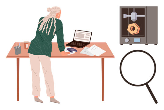 Technology, 3D printing, prototyping, engineering, research, innovation. Woman leaning over a desk with a 3D printer, laptop papers and magnifying glass. Technology and 3D printing concepts