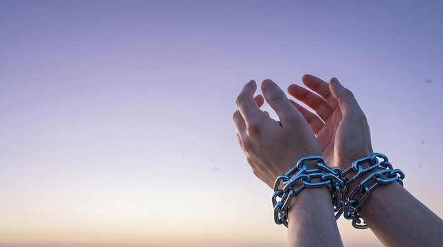 Hands bound in steel chains reaching toward dusk sky