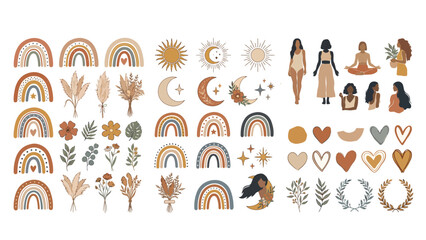 Fototapeta premium Bohemian-style illustration asset collection including rainbow arches, pampas grass, sun icons, abstract flowers, moons, stars, female silhouettes, hearts, and botanical elements, earthy neutral palet