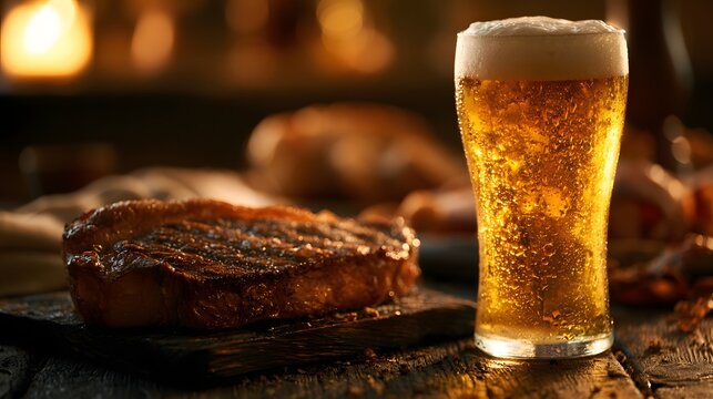 Juicy grilled steak and cold beer on a rustic wooden table with warm lighting