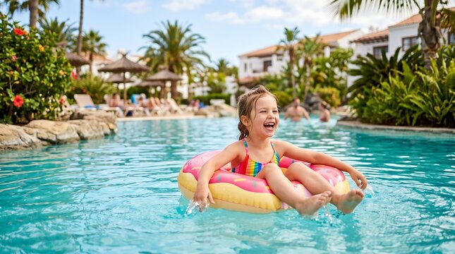 Happy Little Girl in Donut Float at Resort Swimming Pool