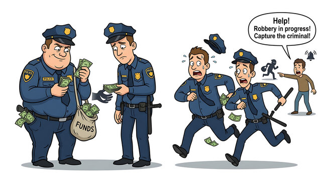 Police officers chasing a man stealing money from a bag.