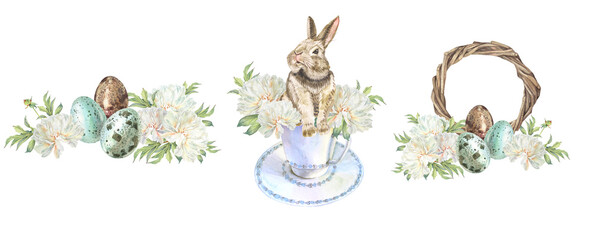 Fototapeta premium Watercolor set with rabbit and bouquet peony and eggs isolated on white background. Hand-drawn flower and leaves and animal hare for Easter. Spring clipart for celebration. Wreath with copy space