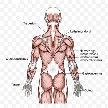 Anatomical diagram of human muscular system back view.
