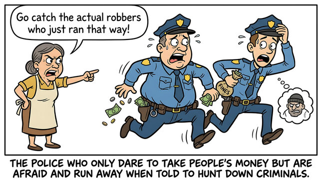 Police officers running away from crime scene pointing at robbers